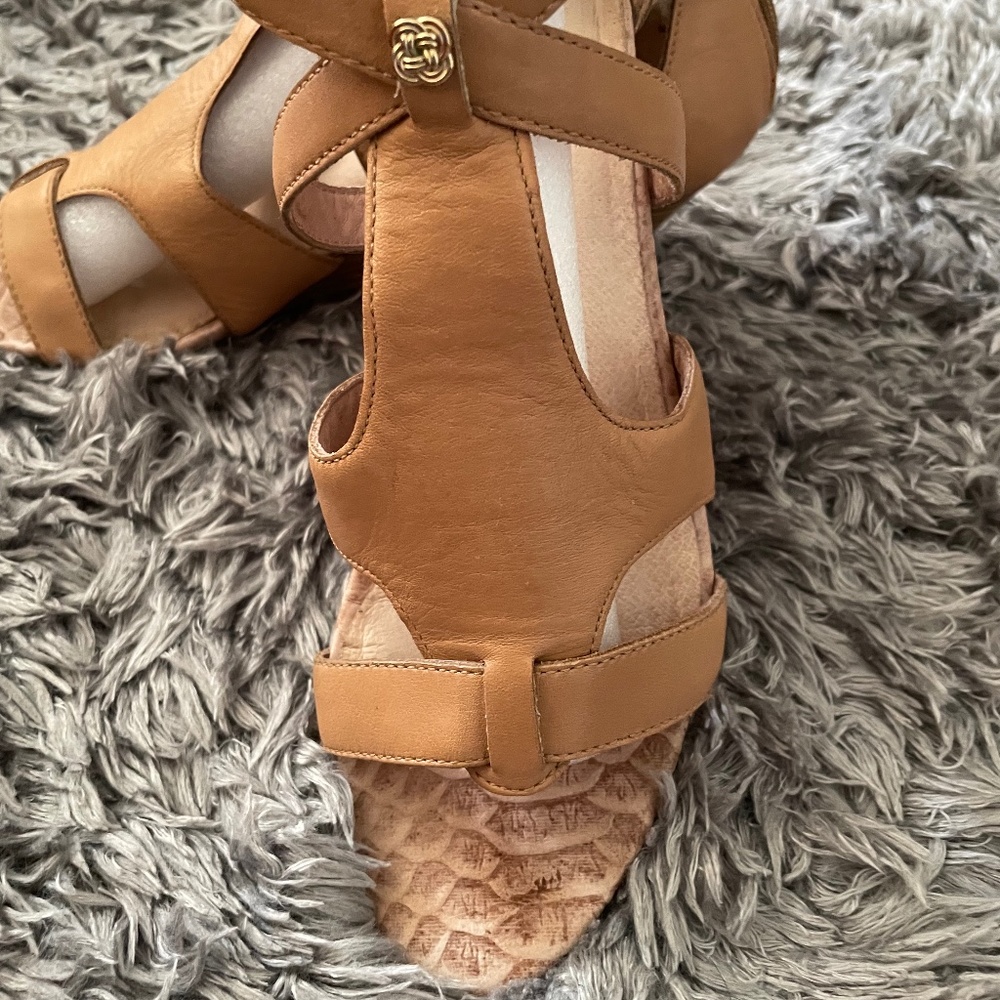Nude leather heeled wedge sandals